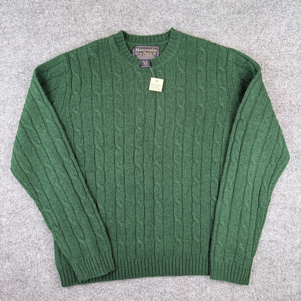 VTG Abercrombie & Fitch Sweater Mens M Green 100% Shetland Wool Cable Knit NWT